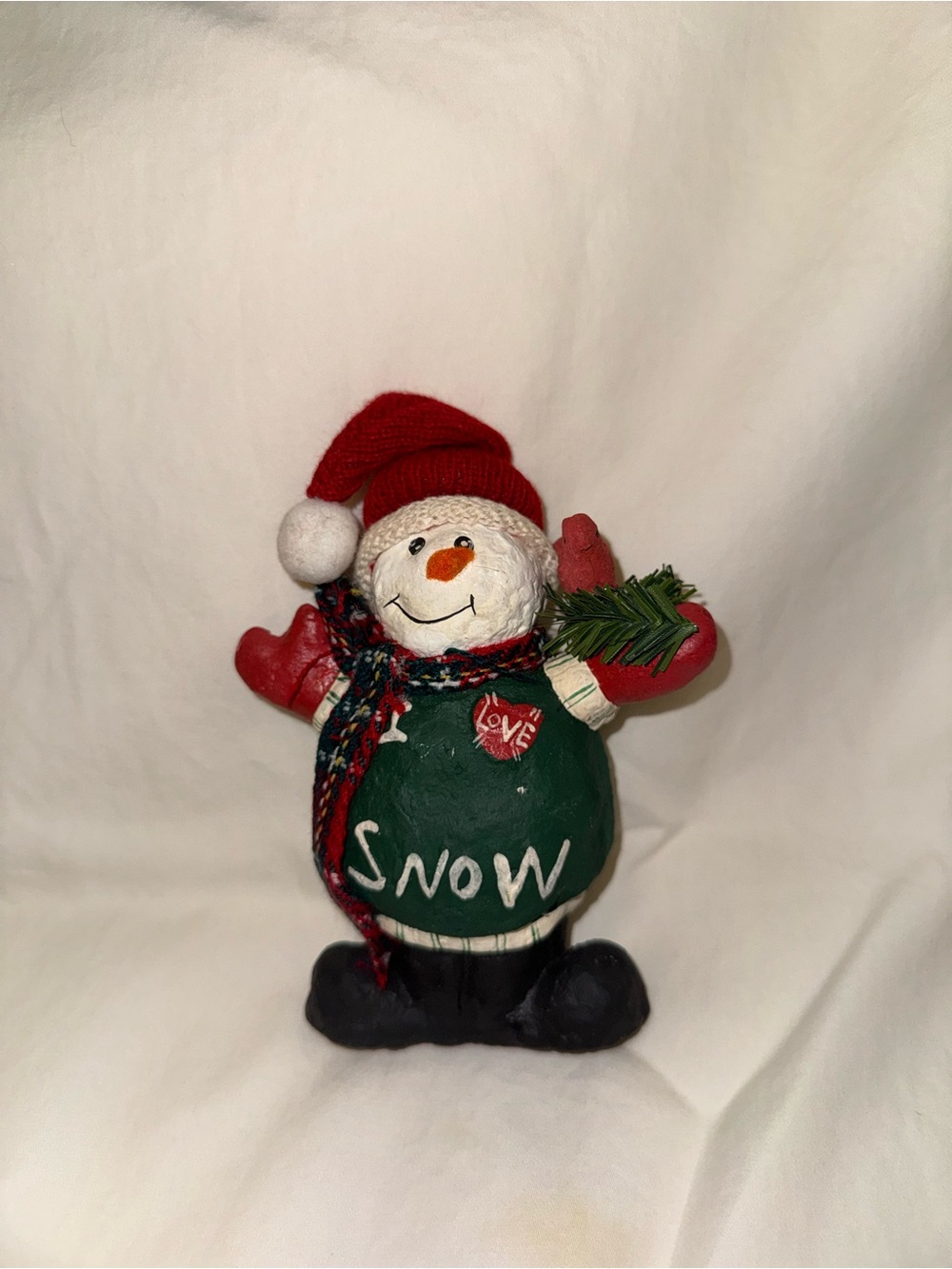 Holiday Snowman Decoration with Red Hat and Green Sweater